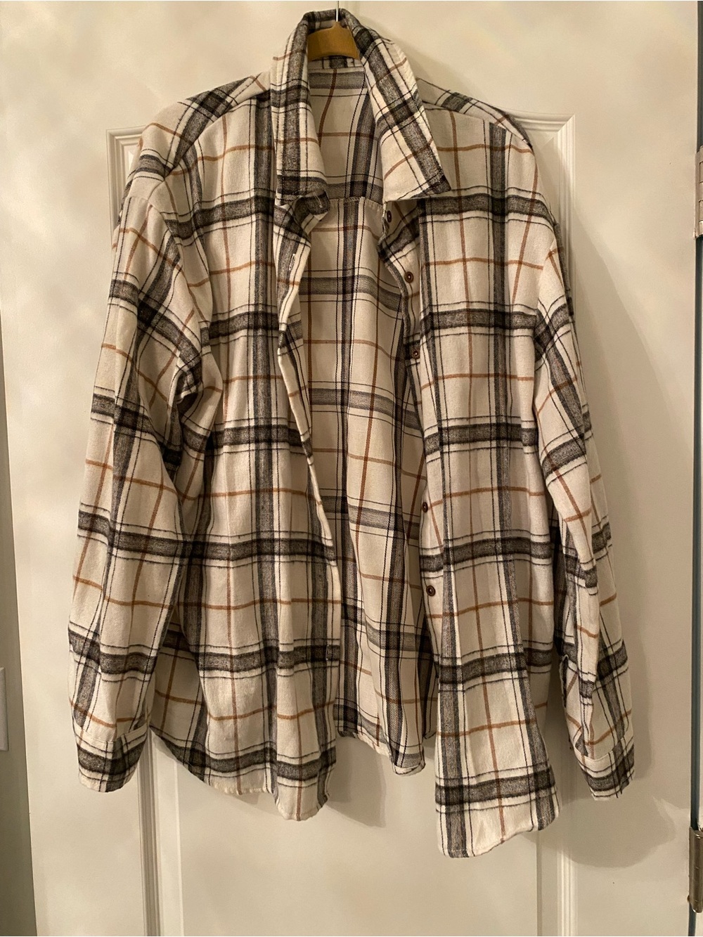 Macy's Cream Plaid Button-Down Shirt with Black and Tan Stripes
